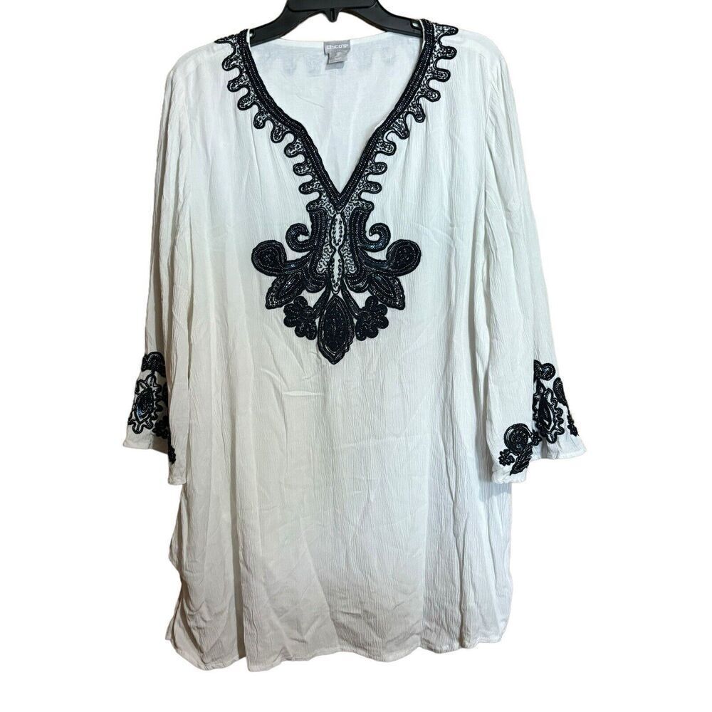 Chicos Tunic Top Womens Large White Embroidered Sequin Gauze Lagenlook Blouse